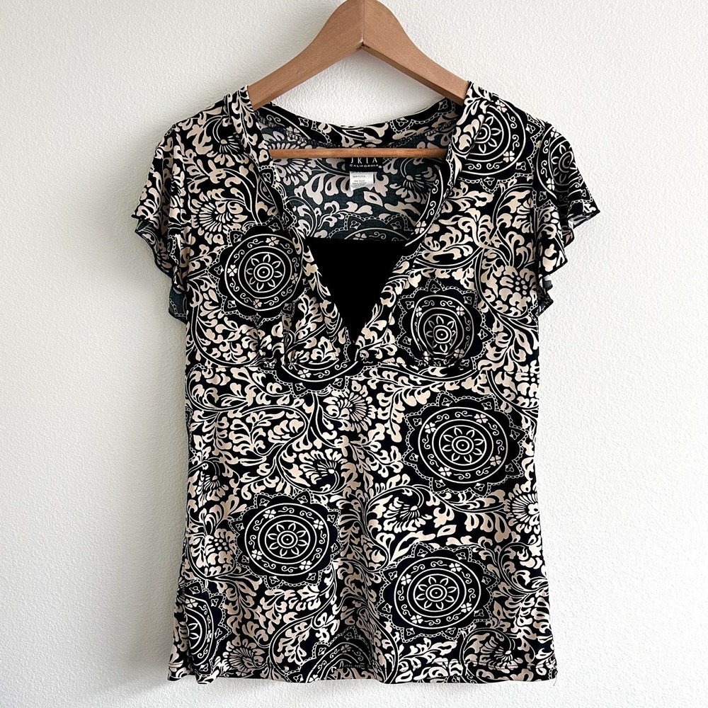 Vintage Y2K Babydoll Top Size L Beige Black Floral Design